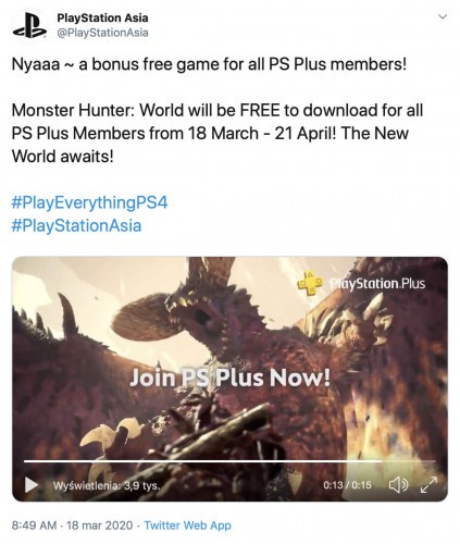 Monster Hunter World na PlayStation 4 za darmo