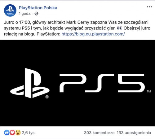 Fanpage PlayStation Polska wpis odnośnie PlayStation 5