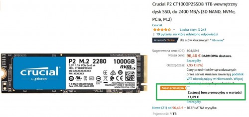Promocja na Crucial P2 1TB M.2 NVMe