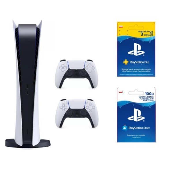 PlayStation 5 Digital Edition + Dodatkowy kontroler DualSense + PlayStation Plus 3 mies. + Kod aktywacyjny PlayStation Store 100 zł