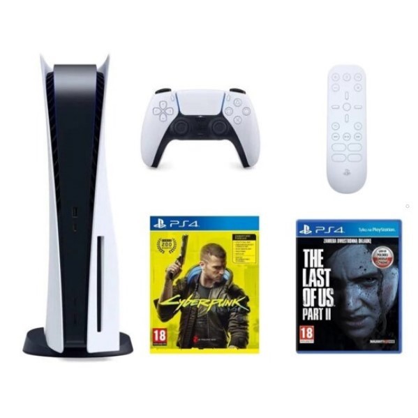 PlayStation 5 + pilot PS5 Media Remote + The Last of Us Part II + Cyberpunk 2077