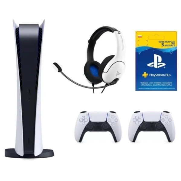 Promocja na PlayStation 5 Digital Edition + Dodatkowy kontroler DualSense + Zestaw słuchawkowy PDP LVL40 Wired Biały + PlayStation Plus 3 mies