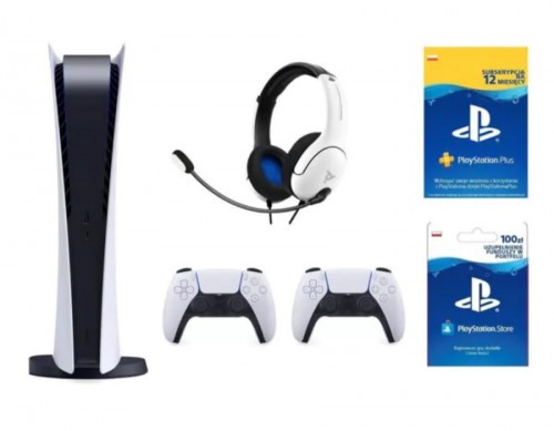  PlayStation 5 Digital Edition + Dodatkowy kontroler DualSense + Zestaw słuchawkowy PDP LVL40 Wired Biały + PlayStation Plus 12 mies. + Kod aktywacyjny PlayStation Store 100 zł