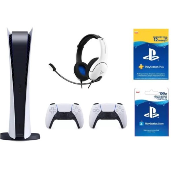 PlayStation 5 Digital Edition + Dodatkowy kontroler DualSense + Zestaw słuchawkowy PDP LVL40 Wired Biały + PlayStation Plus 12 mies. + Kod aktywacyjny PlayStation Store 100 zł