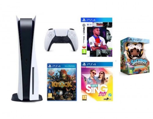 PlayStation 5 + FIFA 21 Edycja Mistrzowska + Knack + Sackboy A Big Adventure Special Edition + Let’s Sing 2021 + Mikrofon