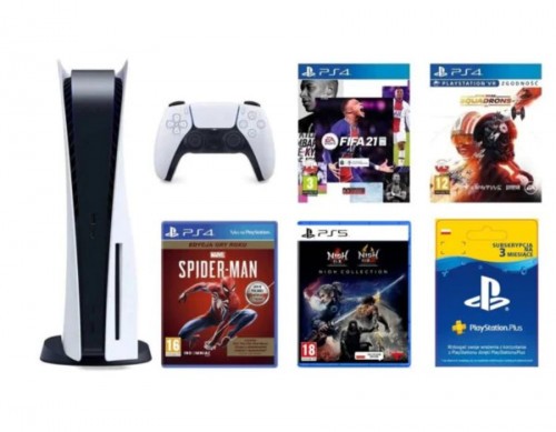 PlayStation 5 + Marvel's Spider-Man Edycja Gry Roku + FIFA 21 Edycja Standardowa ze steelbookiem + NiOh Collection + Star Wars: Squadrons + PlayStation Plus 3 mies