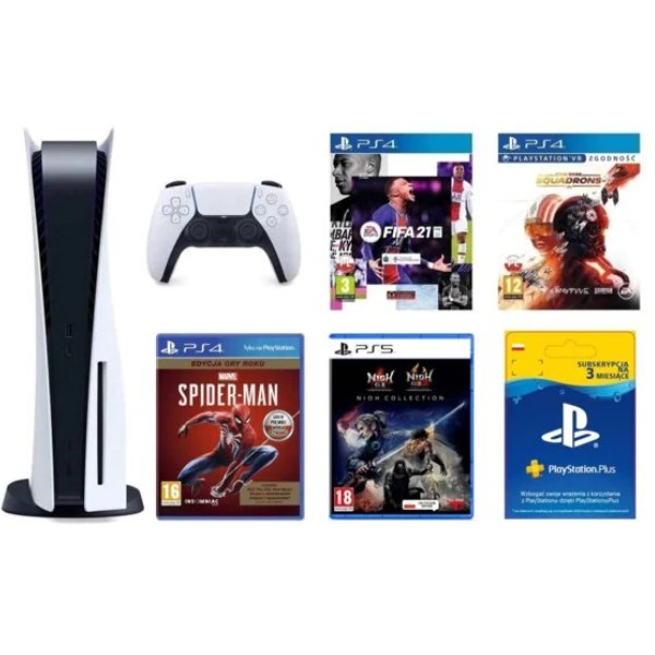 PlayStation 5 + Marvel's Spider-Man Edycja Gry Roku + FIFA 21 Edycja Standardowa ze steelbookiem + NiOh Collection + Star Wars: Squadrons + PlayStation Plus 3 mies