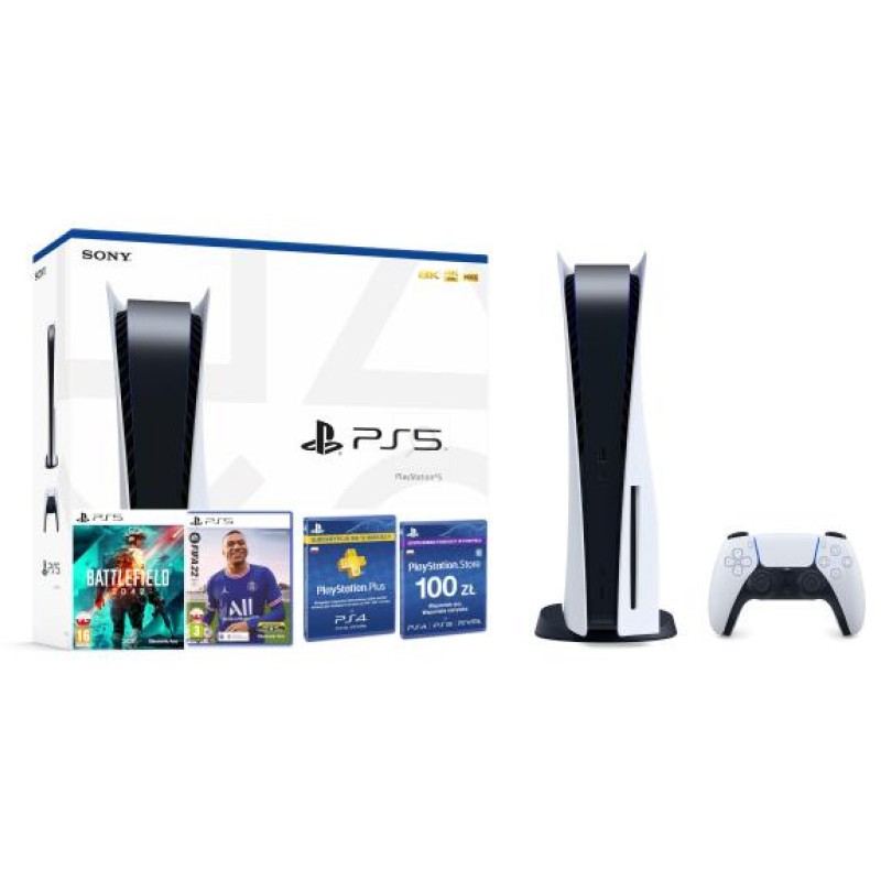 Sony PlayStation 5 + Battlefield 2042 + FIFA 22 + subskrypcja PS Plus 12 m-ce + doładowanie PSN 100 zł