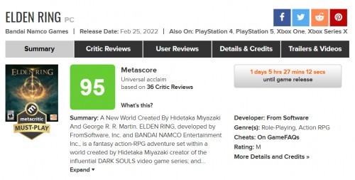 Elden Ring PC MetaCritic