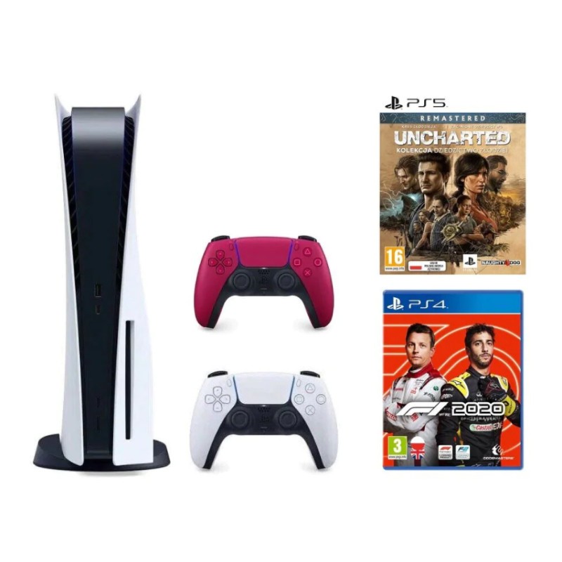 Konsola SONY PlayStation 5 B Chassis + Dodatkowy kontroler DualSense Czerwony + Uncharted: Kolekcja Dziedzictwo Złodziei + F1 2020 Edycja Standard
