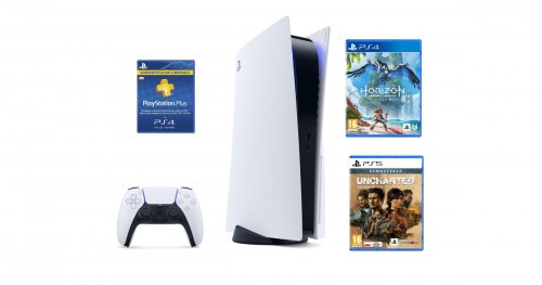 Promocja na Konsola SONY PlayStation 5 + Horizon_ Forbidden West + Uncharted_ Kolekcja Dziedzictwo Złodziei + PlayStation Plus 90 dni