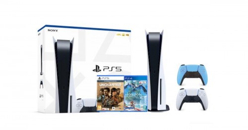 Sony PlayStation 5 + Horizon Forbidden West + Uncharted: Kolekcja Dziedzictwo Złodziei + dodatkowy pad (niebieski)