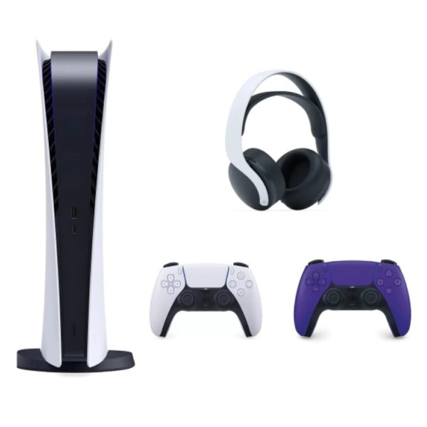 Konsola SONY PlayStation 5 Digital Edition + Dodatkowy kontroler DualSense Galaktyczny Fiolet + Zestaw słuchawkowy SONY Pulse 3D Wireless Headset