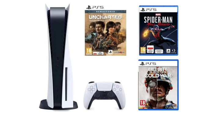 Konsola SONY PlayStation 5 C Chassis + Call of Duty: Black Ops Cold War + Uncharted: Kolekcja Dziedzictwo Złodziei + Marvel’s Spider-Man: Miles Morales