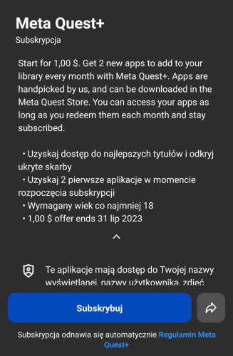 Premiera abonamentu Meta Quest+