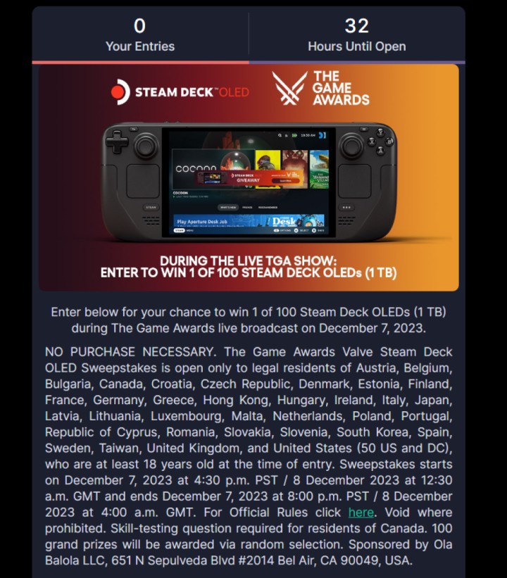 Chcesz wygrać Steam Deck OLED (1TB) za darmo? Weź udział w losowaniu z okazji The Game Awards