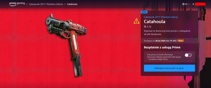 Pistolet Catahoula do Cyberpunk 2077 Widmo Wolności za darmo dla abonentów Prime Gaming