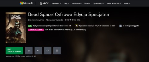 Promocje _Tylko dla Ciebie_ w Xbox Store. Dead Space Remake za jedyne 39,99 zł (aż 90% zniżki)!