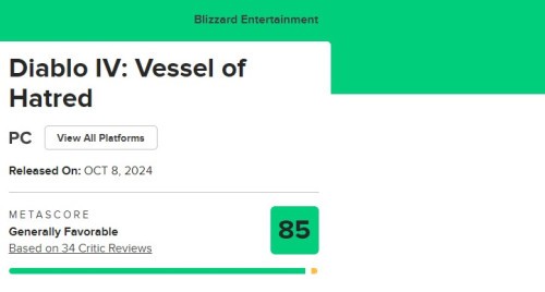 Średnia ocena Diablo IV Vessel of Hatred na Metacritic