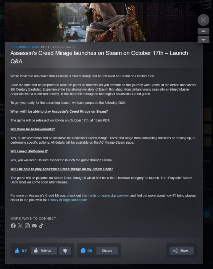 Premiera Assassin's Creed Mirage na Steam
