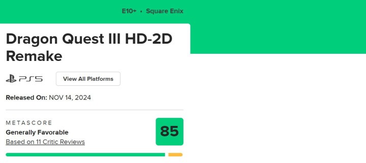 Ocena Dragon Quest III HD-2D Remake na Metacritic