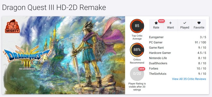 Ocena Dragon Quest III HD-2D Remake na Opencritic
