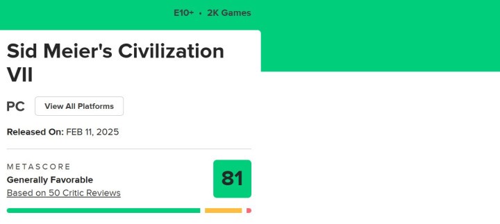 Recenzje Sid Meier's Civilization VII w Metacritic