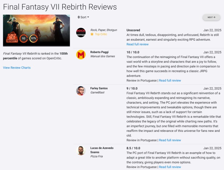 Oceny Final Fantasy VII Rebirth na PC w Opencritic