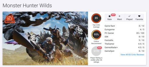 Średnia ocen Monster Hunter Wilds na Opencritic