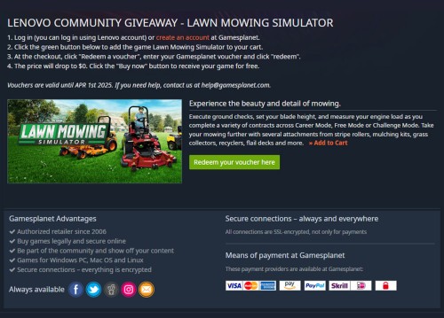 Odbierz grę Lawn Mowing Simulator za darmo na Steam. Niespodzianka od Lenovo i Gamesplanet!