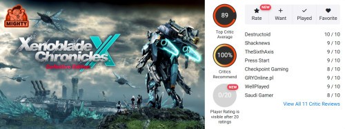 Średnia ocena Xenoblade Chronicles X: Definitive Edition na Opencritic
