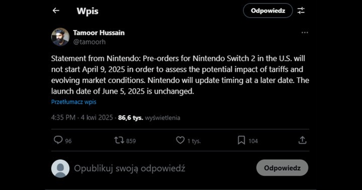 Start pre-orderów konsol Nintendo Switch 2 zostanie opóźniony w USA ze względu na cła!