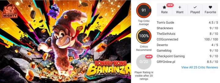 Średnia ocen Donkey Kong Bananza na Opencritic