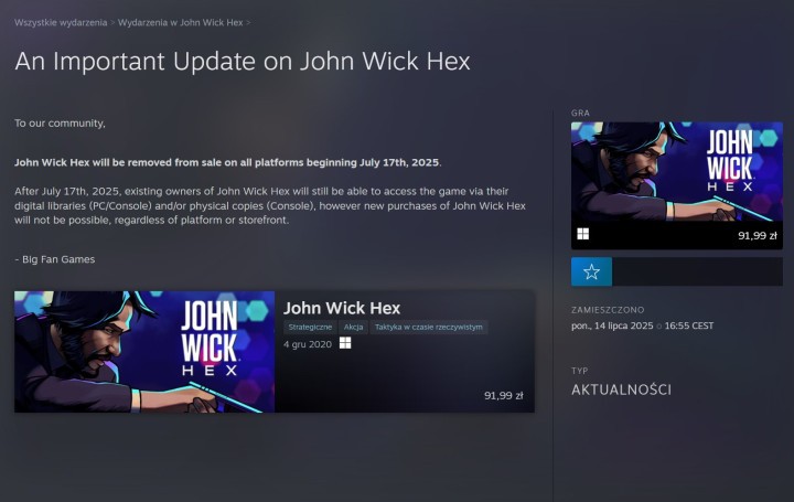 John Wick Hex znika z dystrybucji