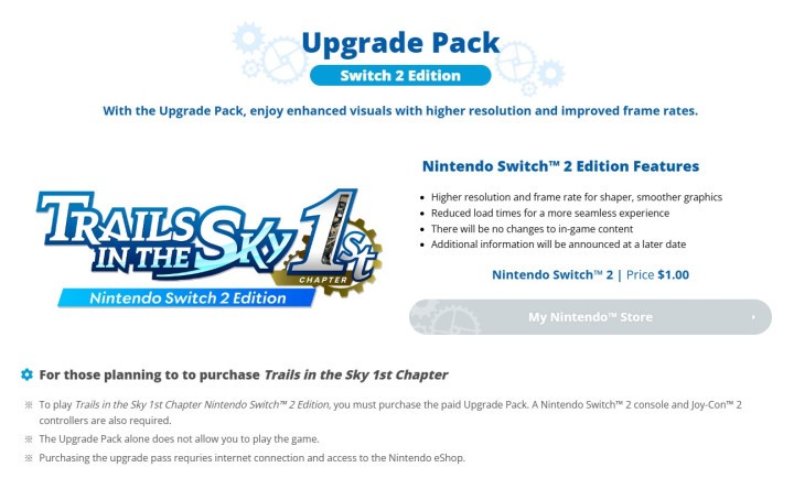 Trails in the Sky 1st Chapter Upgrade Pack Nintendo Switch 2 Edition